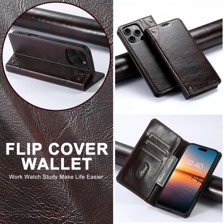 For iPhone 16 Plus Suteni Baroque Calf Texture Buckle Wallet Leather Phone Case(Brown)