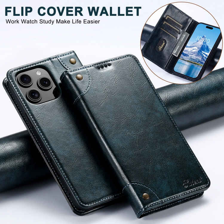 For iPhone 16 Plus Suteni Baroque Calf Texture Buckle Wallet Leather Phone Case(Blue)