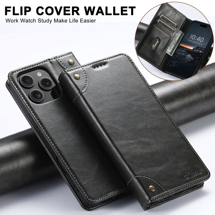 For iPhone 16 Pro Max Suteni Baroque Calf Texture Buckle Wallet Leather Phone Case(Black)