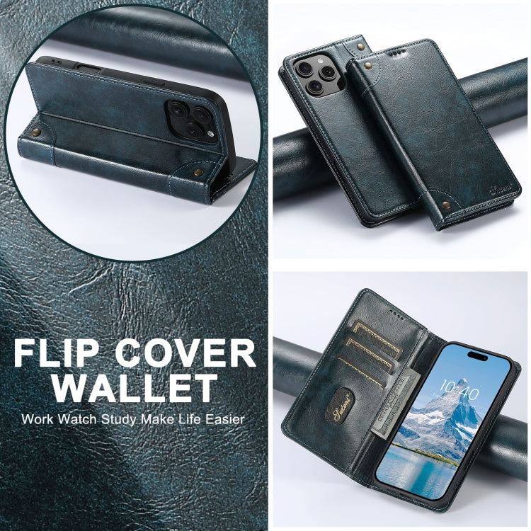 For iPhone 16 Pro Max Suteni Baroque Calf Texture Buckle Wallet Leather Phone Case(Blue)