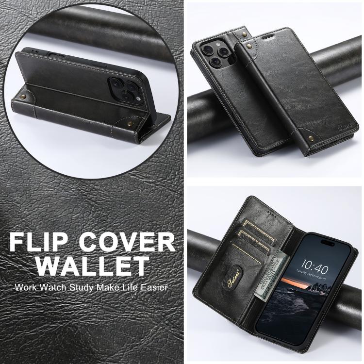 For iPhone 17e / 16e Suteni Baroque Calf Texture Buckle Wallet Leather Phone Case(Black)