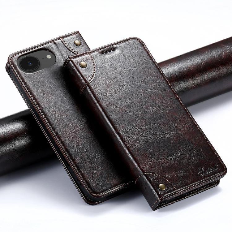 For iPhone 17e / 16e Suteni Baroque Calf Texture Buckle Wallet Leather Phone Case(Brown)