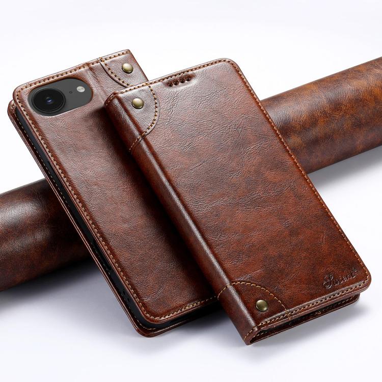 For iPhone 17e / 16e Suteni Baroque Calf Texture Buckle Wallet Leather Phone Case(Khaki)
