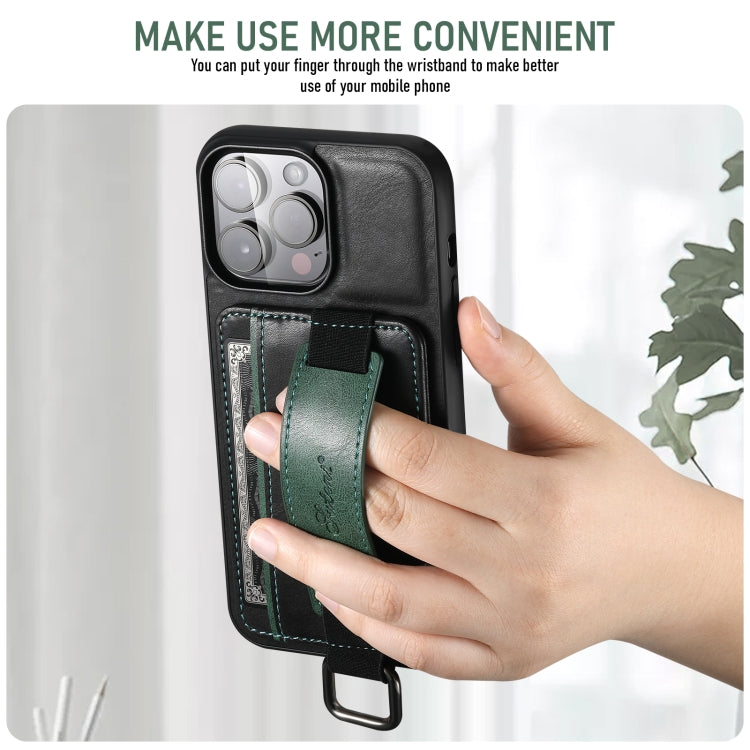 For iPhone 16 Suteni H13 Card Wallet Wrist Strap Holder PU Phone Case(Black)