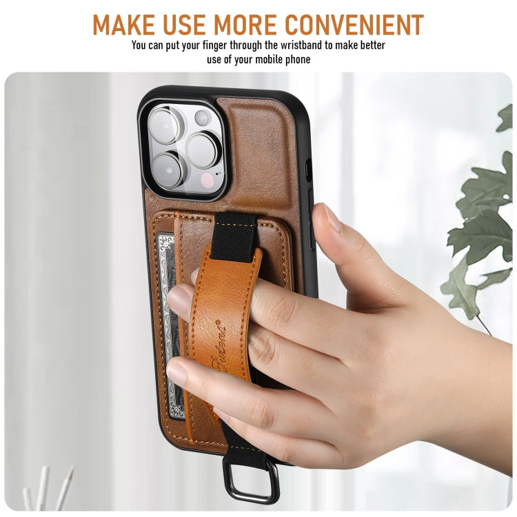 For iPhone 16 Suteni H13 Card Wallet Wrist Strap Holder PU Phone Case(Brown)
