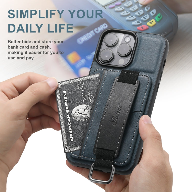For iPhone 16 Suteni H13 Card Wallet Wrist Strap Holder PU Phone Case(Blue)