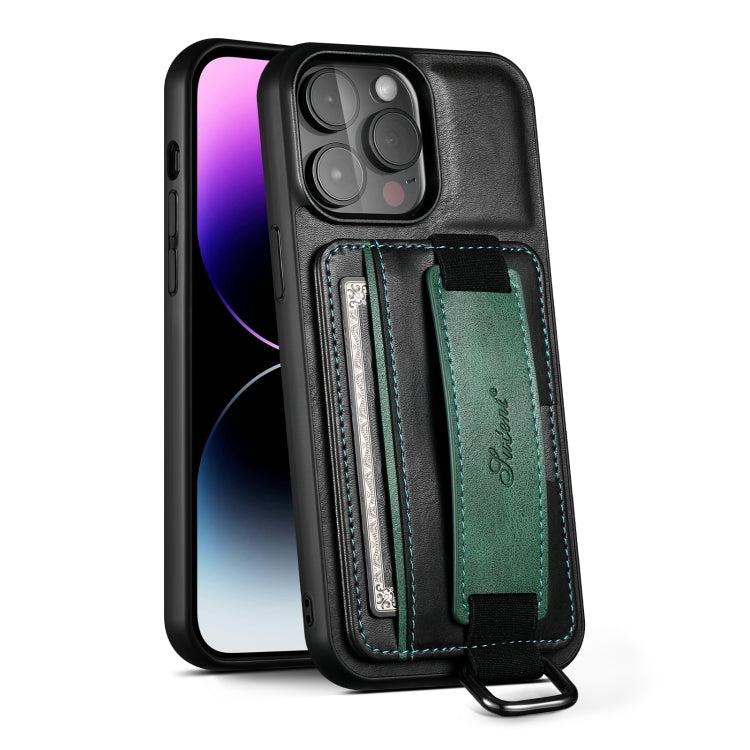 For iPhone 16 Pro Suteni H13 Card Wallet Wrist Strap Holder PU Phone Case(Black)