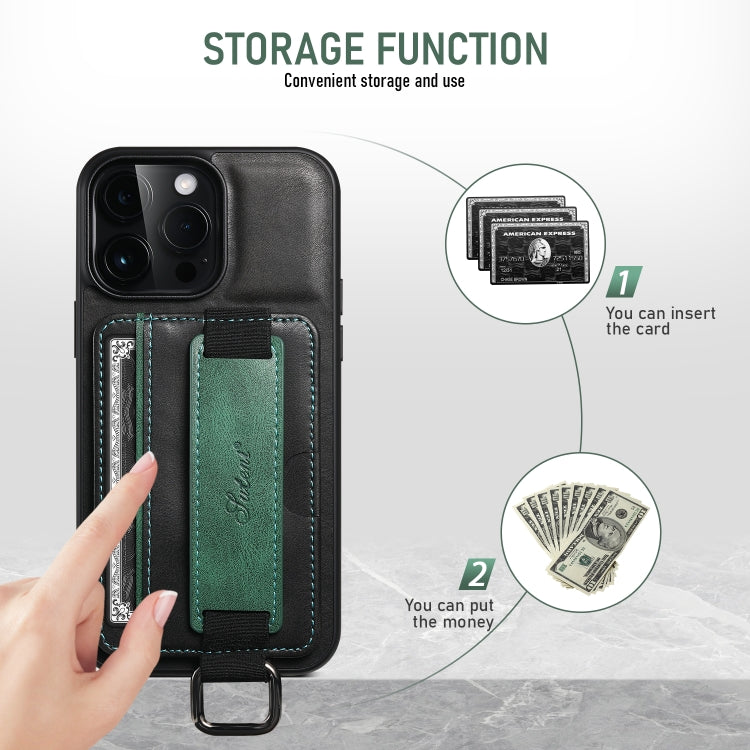 For iPhone 16 Pro Suteni H13 Card Wallet Wrist Strap Holder PU Phone Case(Black)