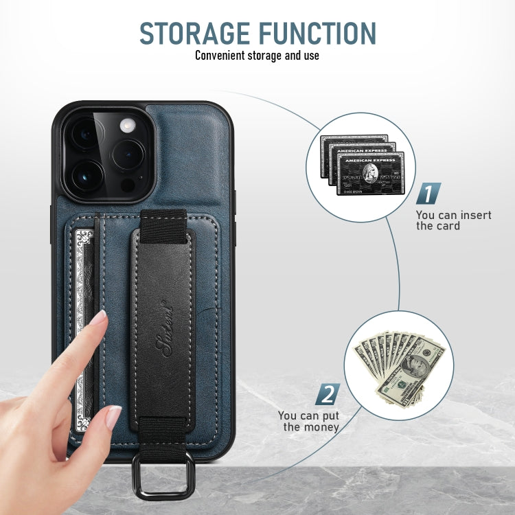 For iPhone 16 Pro Suteni H13 Card Wallet Wrist Strap Holder PU Phone Case(Blue)