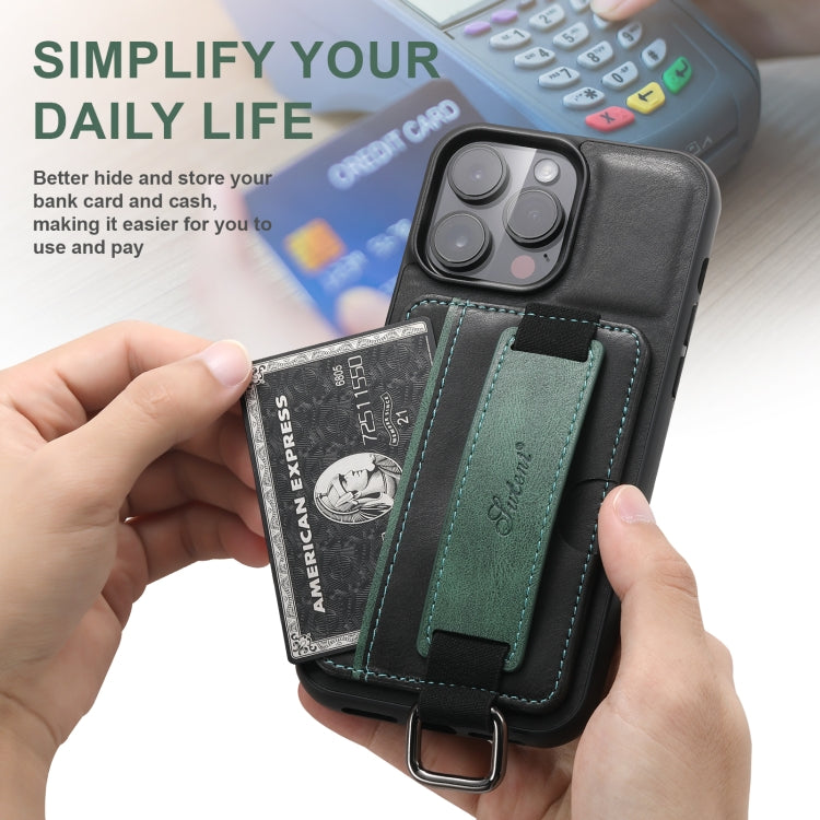 For iPhone 16 Plus Suteni H13 Card Wallet Wrist Strap Holder PU Phone Case(Black)