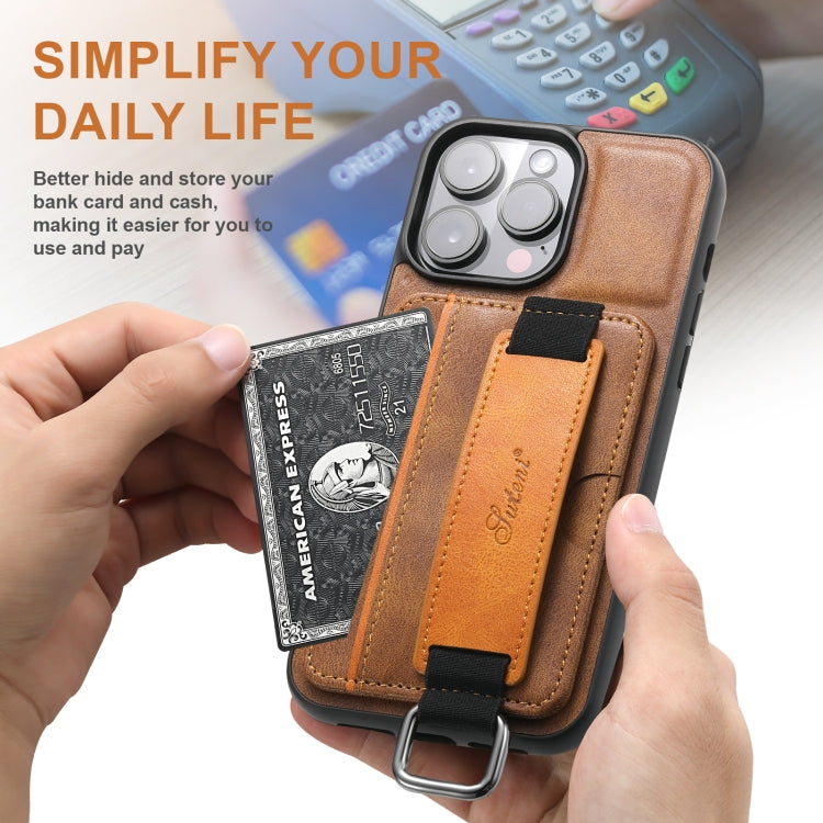 For iPhone 16 Plus Suteni H13 Card Wallet Wrist Strap Holder PU Phone Case(Brown)