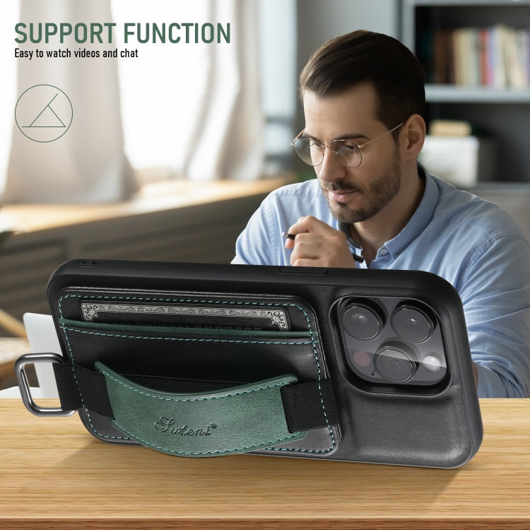 For iPhone 16 Pro Max Suteni H13 Card Wallet Wrist Strap Holder PU Phone Case(Black)