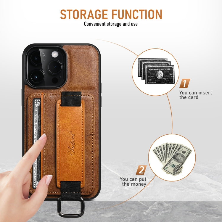 For iPhone 16 Pro Max Suteni H13 Card Wallet Wrist Strap Holder PU Phone Case(Brown)
