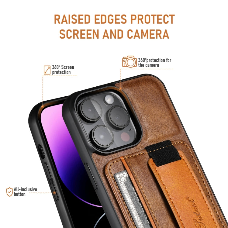 For iPhone 16 Pro Max Suteni H13 Card Wallet Wrist Strap Holder PU Phone Case(Brown)