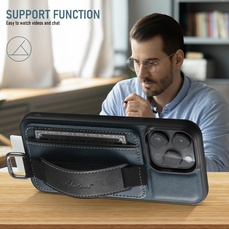 For iPhone 16 Pro Max Suteni H13 Card Wallet Wrist Strap Holder PU Phone Case(Blue)