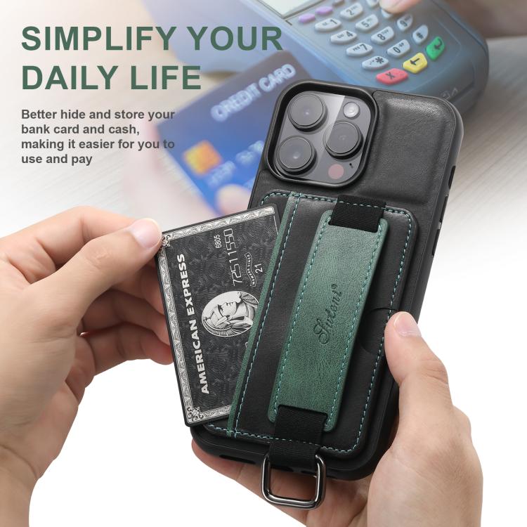 For iPhone 17e / 16e Suteni H13 Card Wallet Wrist Strap Holder PU Phone Case(Black)