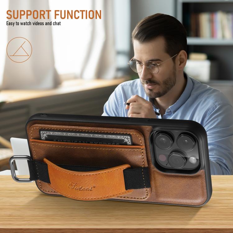 For iPhone 17e / 16e Suteni H13 Card Wallet Wrist Strap Holder PU Phone Case(Brown)