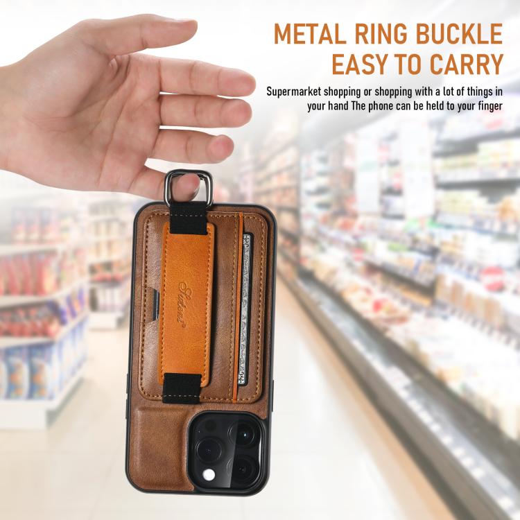 For iPhone 17e / 16e Suteni H13 Card Wallet Wrist Strap Holder PU Phone Case(Brown)