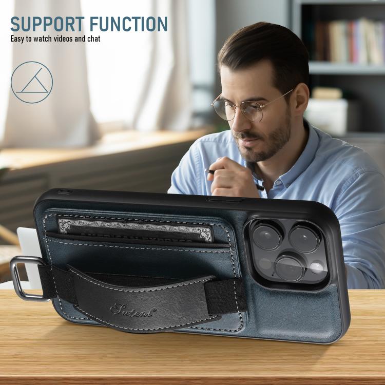 For iPhone 17e / 16e Suteni H13 Card Wallet Wrist Strap Holder PU Phone Case(Blue)