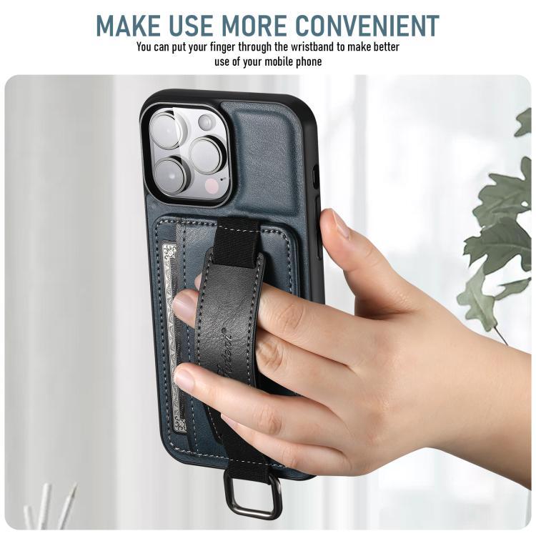 For iPhone 17e / 16e Suteni H13 Card Wallet Wrist Strap Holder PU Phone Case(Blue)