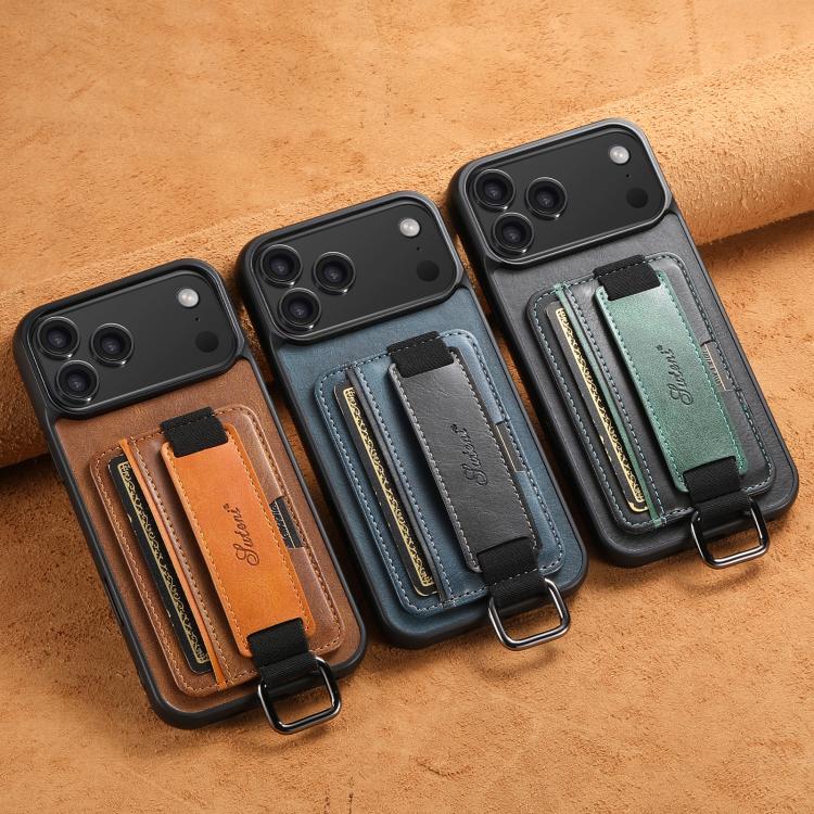 For iPhone 16 Plus Suteni H13 Card Wallet Wrist Strap Holder PU Phone Case(Brown)