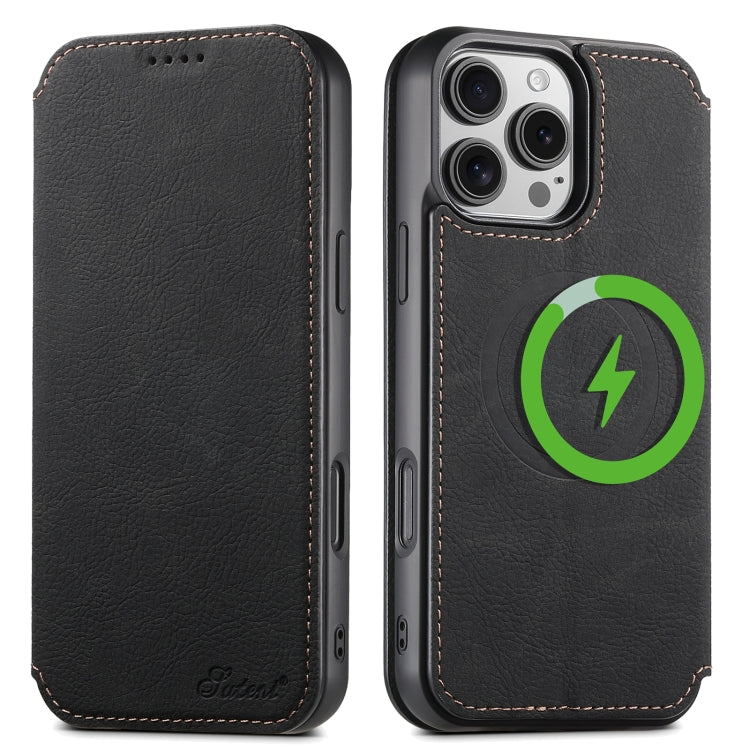 For iPhone 16 Pro Suteni J06 Retro Matte Litchi Texture Leather MagSafe Phone Case(Black)