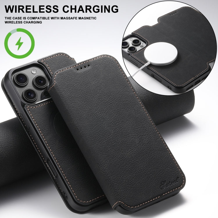 For iPhone 16 Pro Suteni J06 Retro Matte Litchi Texture Leather MagSafe Phone Case(Black)