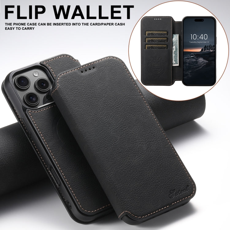 For iPhone 16 Pro Suteni J06 Retro Matte Litchi Texture Leather MagSafe Phone Case(Black)