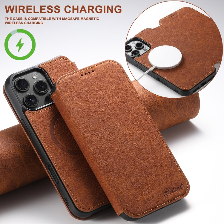 For iPhone 16 Pro Suteni J06 Retro Matte Litchi Texture Leather MagSafe Phone Case(Khaki)