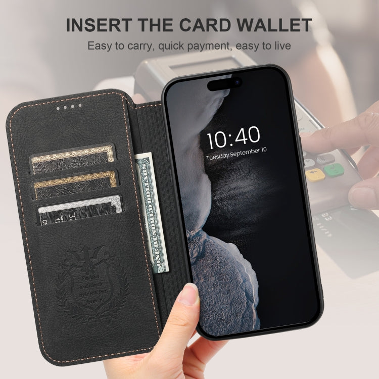 For iPhone 16 Plus Suteni J06 Retro Matte Litchi Texture Leather MagSafe Phone Case(Black)
