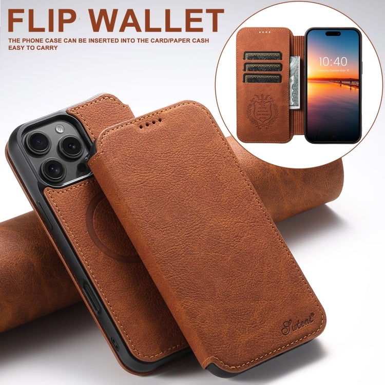 For iPhone 16 Pro Max Suteni J06 Retro Matte Litchi Texture Leather MagSafe Phone Case(Khaki)