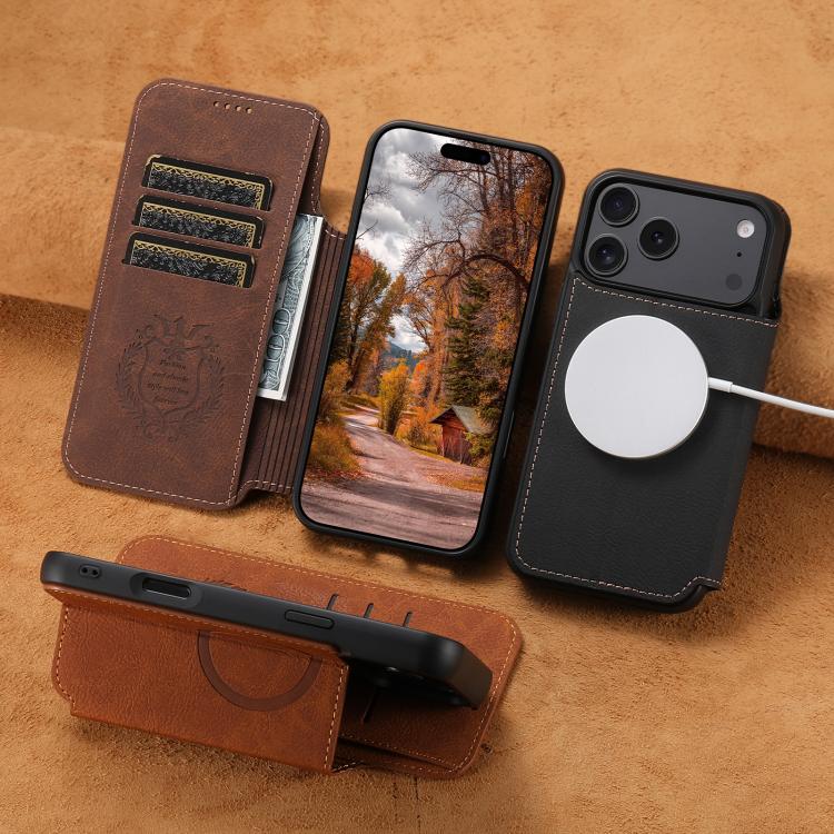 For iPhone 16 Suteni J06 Retro Matte Litchi Texture Leather MagSafe Phone Case(Khaki)