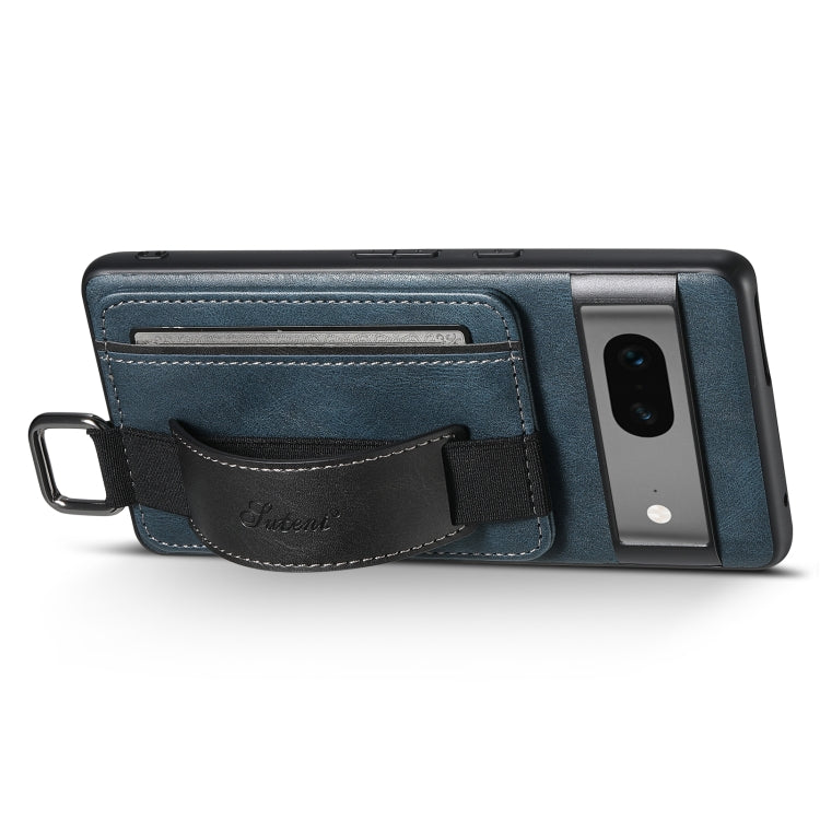 For Googel Pixel 8a Suteni H13 Card Wallet Wrist Strap Holder PU Phone Case(Blue)