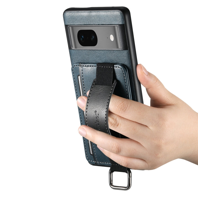 For Googel Pixel 8a Suteni H13 Card Wallet Wrist Strap Holder PU Phone Case(Blue)
