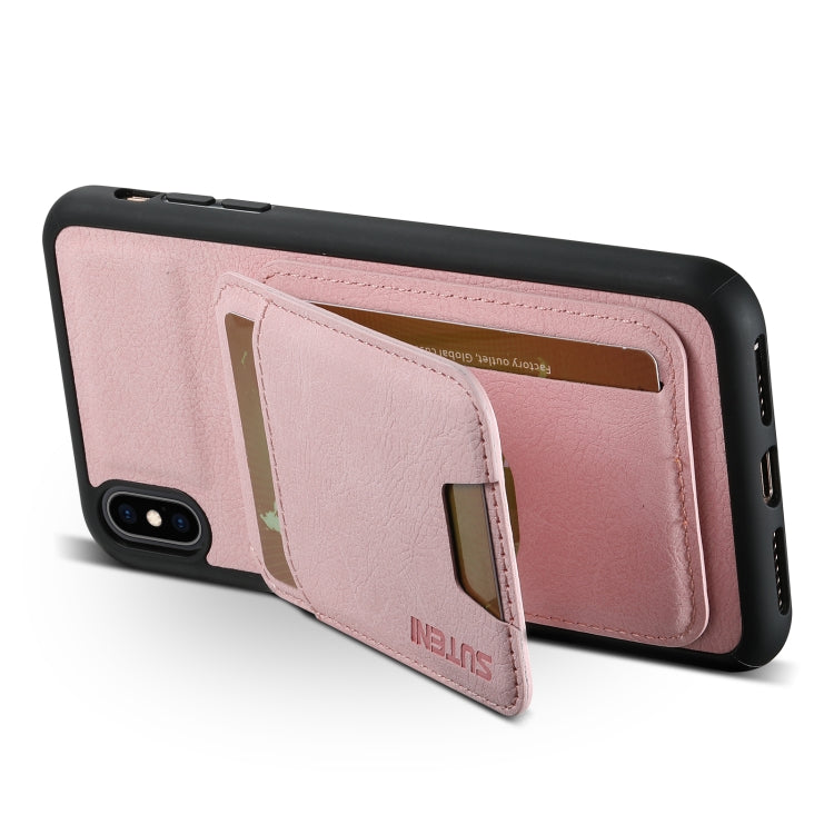 For iPhone X / XS Suteni H02 Litchi Leather Card Wallet Stand Back Phone Case(Pink)