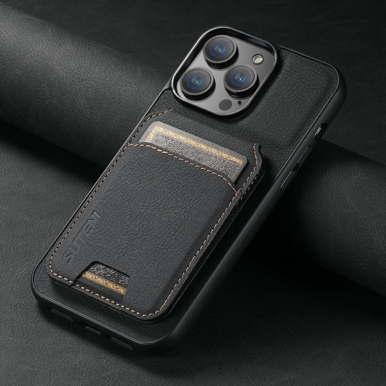 For iPhone 16 Suteni H02 Litchi Leather Card Wallet Stand Back Phone Case(Black)