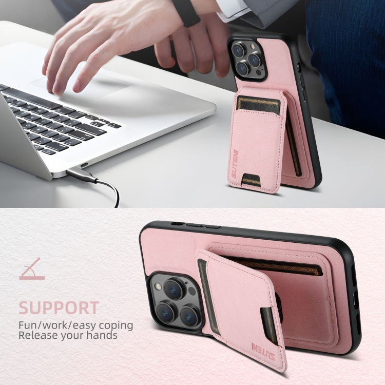 For iPhone 16 Suteni H02 Litchi Leather Card Wallet Stand Back Phone Case(Pink)