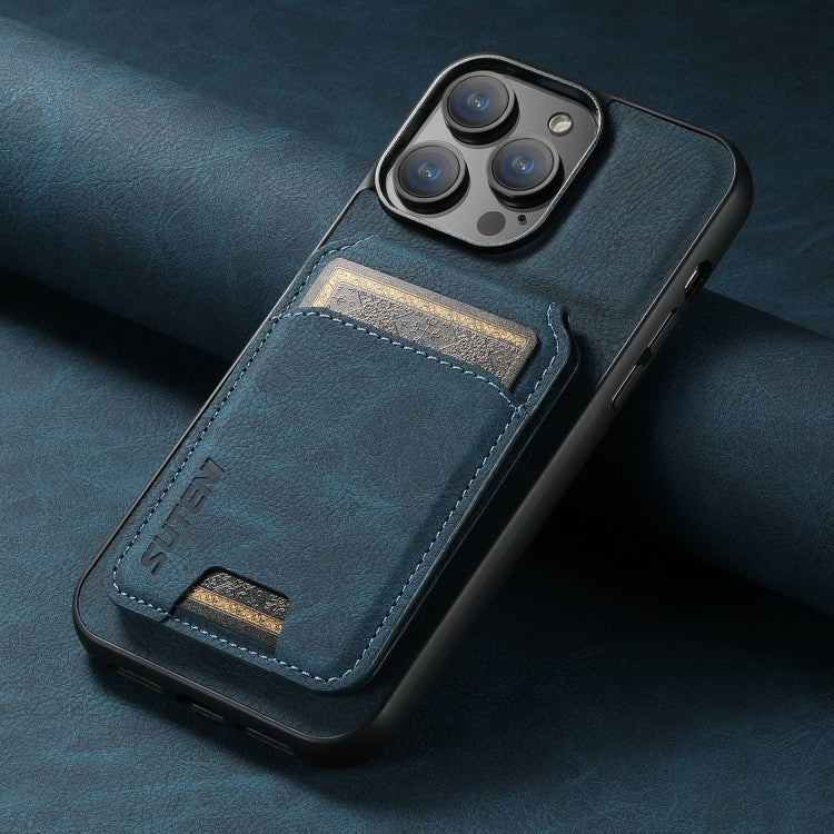 For iPhone 16 Plus Suteni H02 Litchi Leather Card Wallet Stand Back Phone Case(Blue)