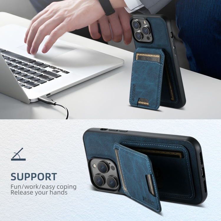 For iPhone 16 Plus Suteni H02 Litchi Leather Card Wallet Stand Back Phone Case(Blue)