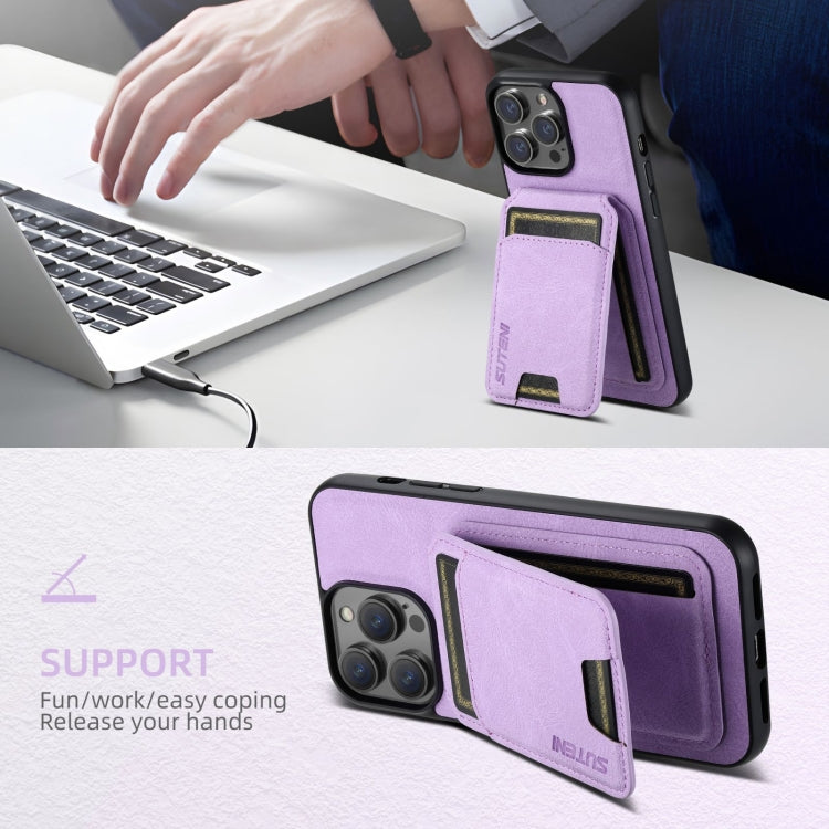 For iPhone 16 Plus Suteni H02 Litchi Leather Card Wallet Stand Back Phone Case(Purple)