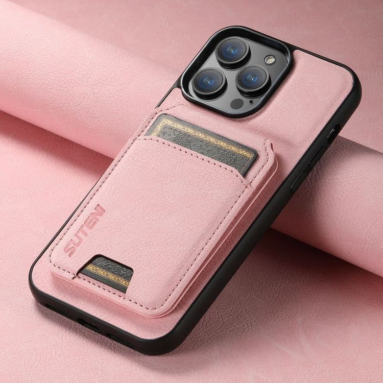 For iPhone 16 Pro Max Suteni H02 Litchi Leather Card Wallet Stand Back Phone Case(Pink)