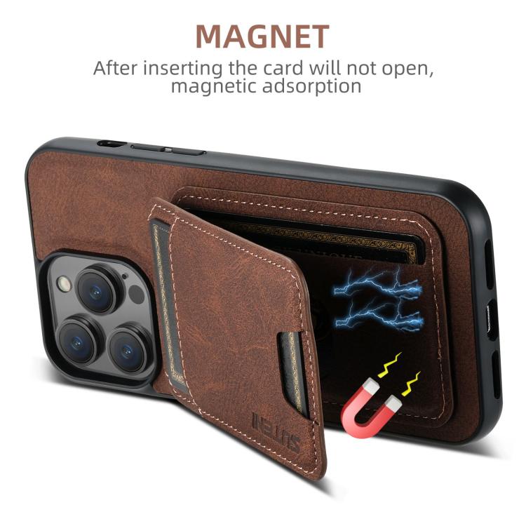 For iPhone 17e / 16e Suteni H02 Litchi Leather Card Wallet Stand Back Phone Case(Brown)