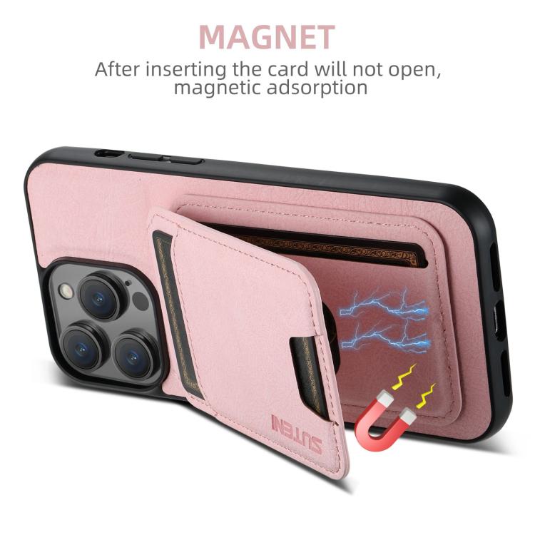 For iPhone 17e / 16e Suteni H02 Litchi Leather Card Wallet Stand Back Phone Case(Pink)