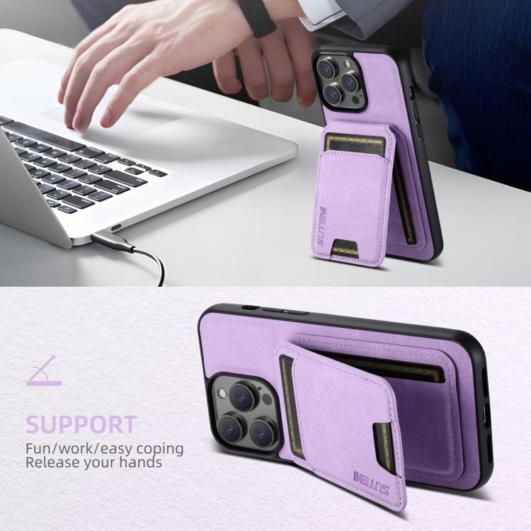 For iPhone 17e / 16e Suteni H02 Litchi Leather Card Wallet Stand Back Phone Case(Purple)
