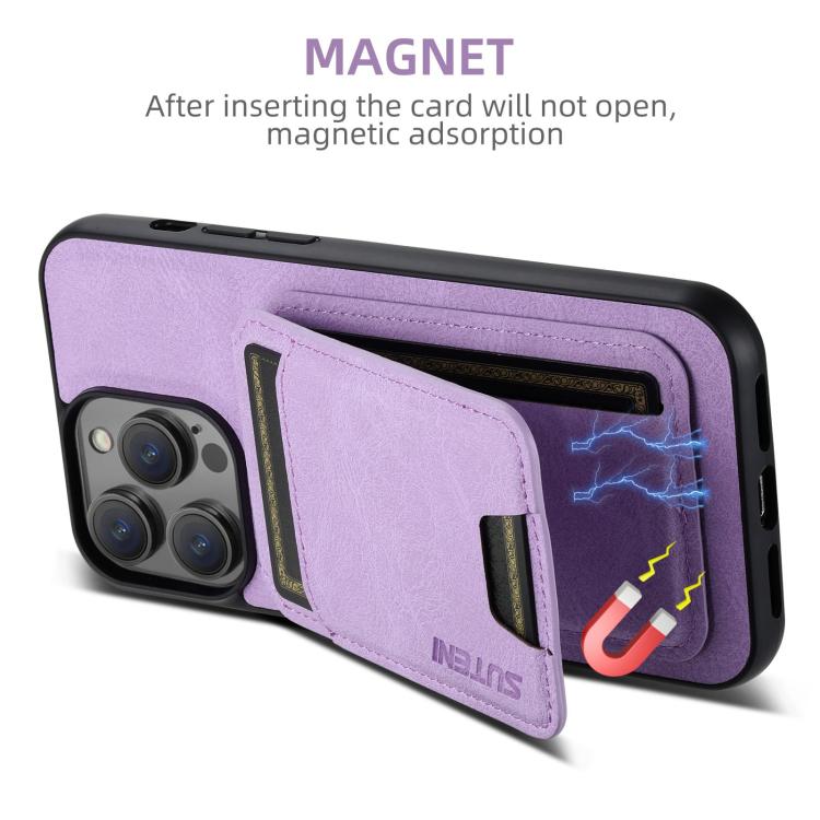 For iPhone 17e / 16e Suteni H02 Litchi Leather Card Wallet Stand Back Phone Case(Purple)