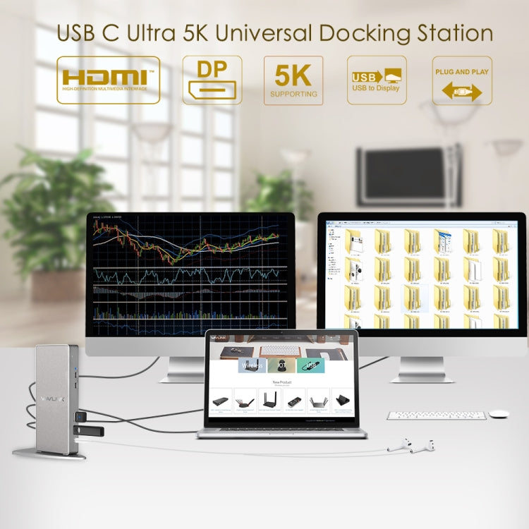 WAVLINK WL-UG69DK7 Laptops Type-C Universal Desktop Docking Station Aluminum Alloy HUB Adapter(UK Plug)