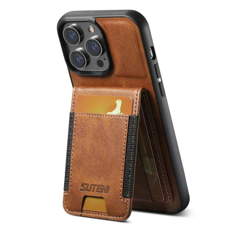 For iPhone 14 Suteni H03 Oil Wax Leather Wallet Stand Back Phone Case(Brown)