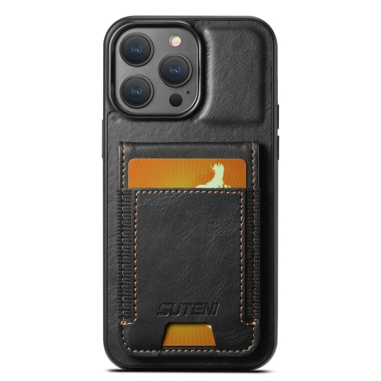 For iPhone 14 Pro Max Suteni H03 Oil Wax Leather Wallet Stand Back Phone Case(Black)