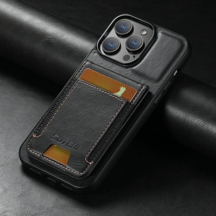 For iPhone 13 Pro Max Suteni H03 Oil Wax Leather Wallet Stand Back Phone Case(Black)