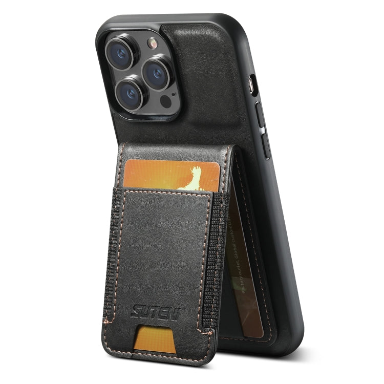 For iPhone 13 Pro Max Suteni H03 Oil Wax Leather Wallet Stand Back Phone Case(Black)